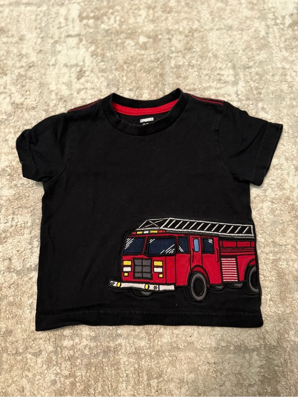 Gymboree Black Tee with Red Fire Truck Embroidered Graphic size 12/18M